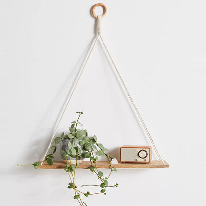 Boho Macrame Hanging Shelf – Decorative Floating Shelf for Plants & Books, Wall-Mounted Rope Shelf