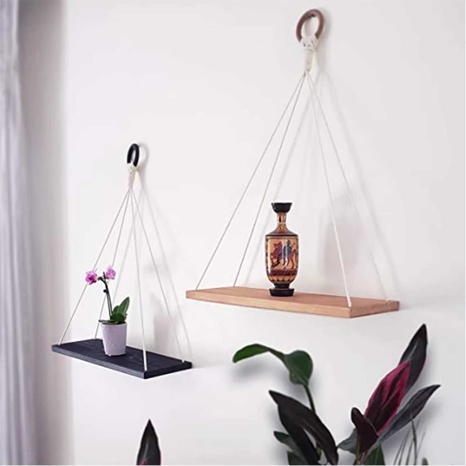 Boho Macrame Hanging Shelf – Decorative Floating Shelf for Plants & Books, Wall-Mounted Rope Shelf