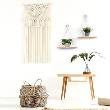 Boho Macrame Hanging Shelf – Decorative Floating Shelf for Plants & Books, Wall-Mounted Rope Shelf